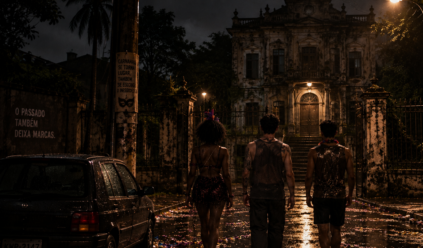 Quarta-feira de Cinzas — três figuras caminham em direção ao casarão à noite